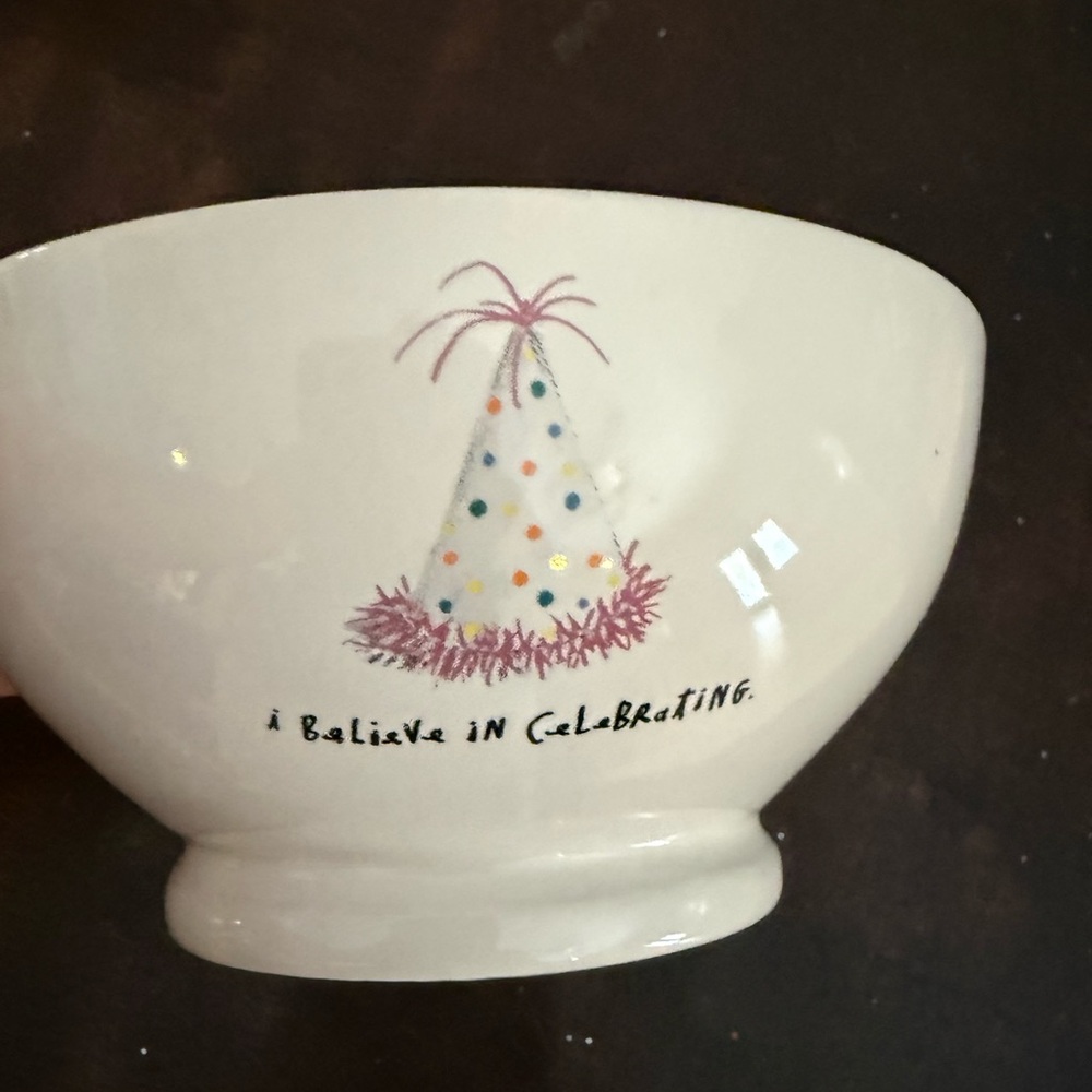 Rae Dunn-“I believe in celebrating” bowl with yellow inside